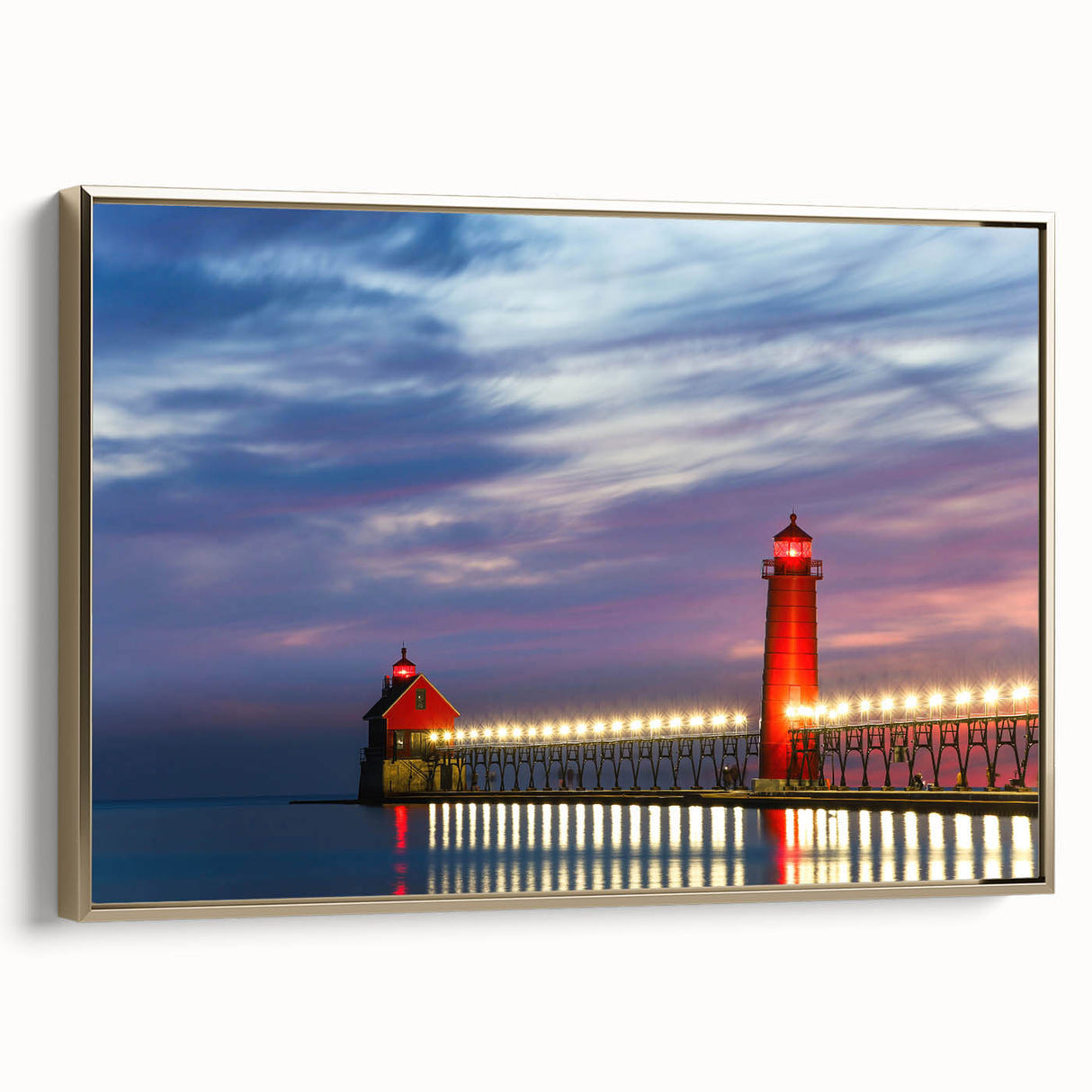 Framed canvas of Lake Michigan landscape with golden frame, featuring muted colors, ideal for bedroom wall art.