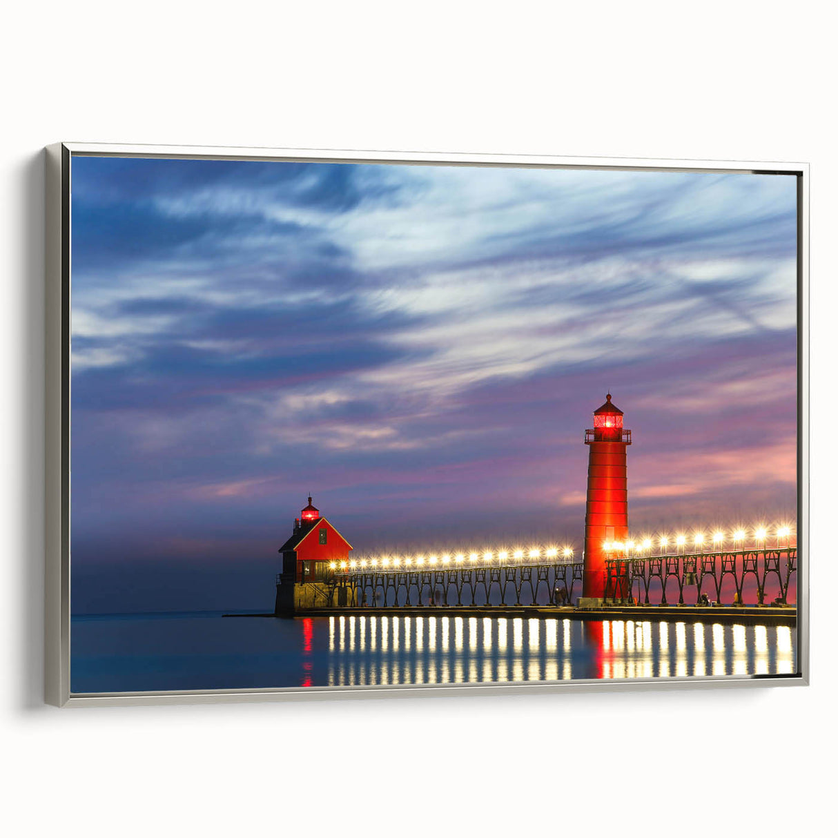Framed canvas featuring a vintage poster art of Lake Michigan landscape in black with colorful accents.