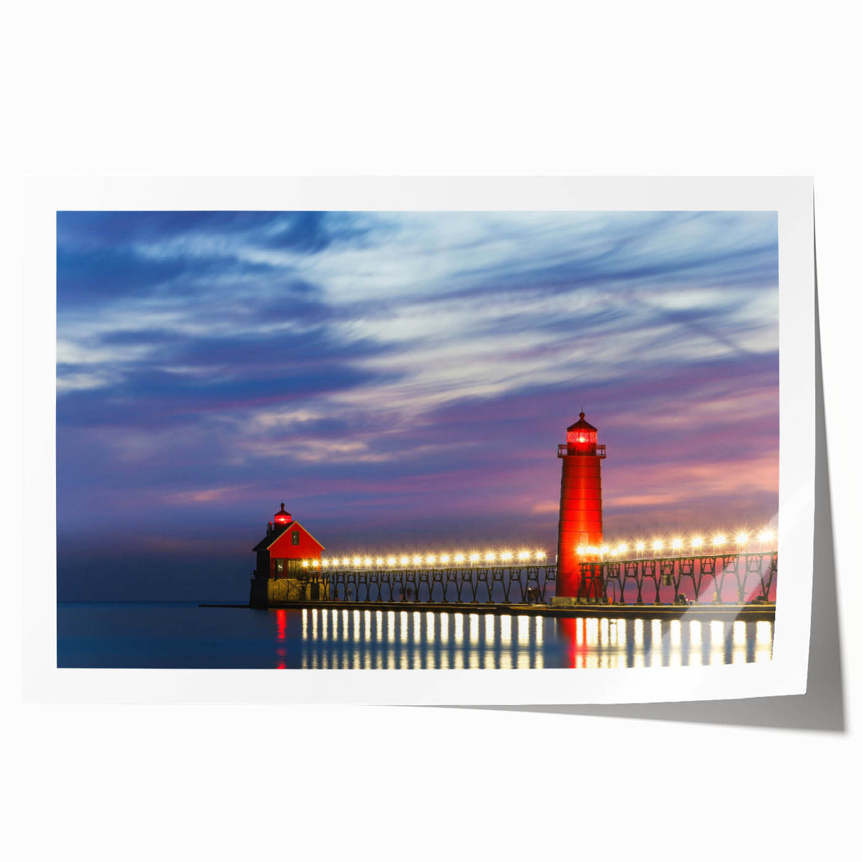Extra large rolled print of Lake Michigan, featuring soft floral elements in muted blues and greens.