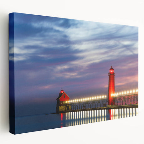 Large art print of Lake Michigan with muted blue and gray tones on stretched canvas, ideal for kitchen wall art.