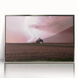 Mid-century modernist art depicting Iowa scenery in muted earth tones on a silver-framed acrylic print.