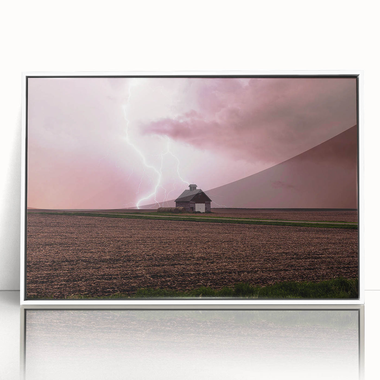Art deco poster of Iowa scenery on white framed acrylic, featuring neutral and green tones, ideal for nursery wall art.