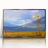 Large art print of a Kansas scenery in mid-century modernist style, framed in gold acrylic.