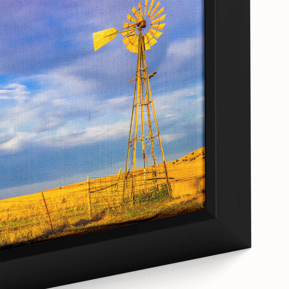 Extra large framed canvas featuring a textured depiction of Kansas scenery in black with colorful art accents.