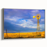 Landscape art painting of a Kansas scenery on framed canvas, featuring vibrant colorful art with a vintage poster style.