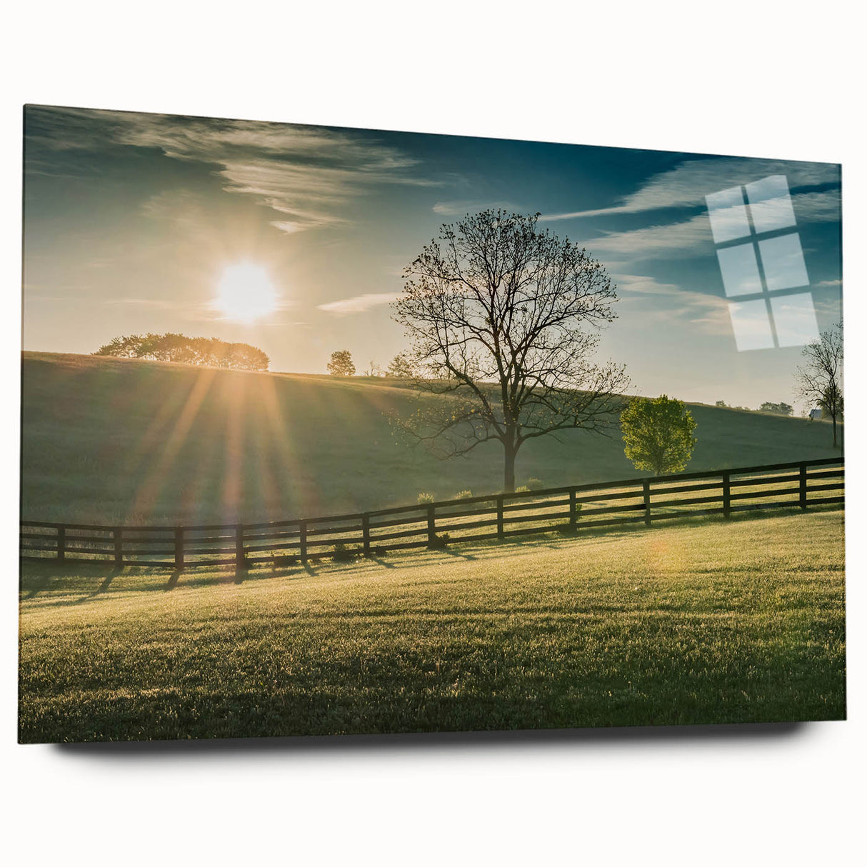 Large abstract wall art of Kentucky scenery in vibrant greens and blues on acrylic glass.