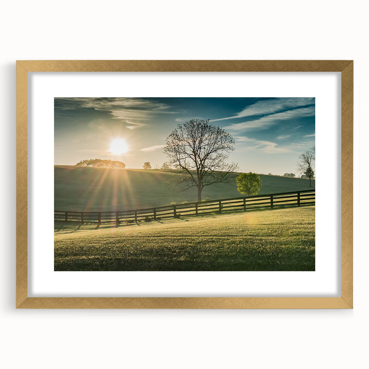 Extra large abstract art print of a textured Kentucky scenery in gold frame, suitable for living room decor.