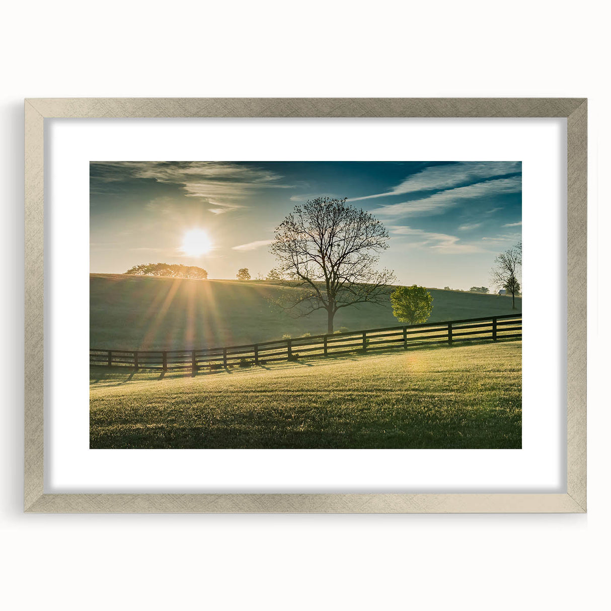 Textured abstract art print depicting a Kentucky landscape in muted earth tones, framed in silver, ideal for bedroom art.