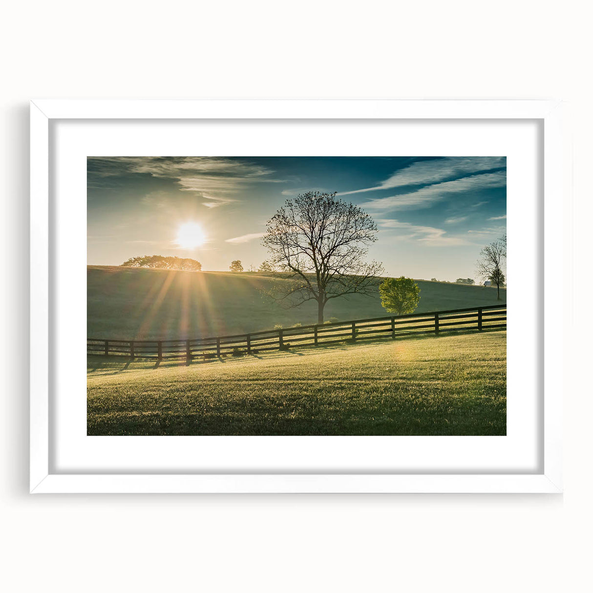 Abstract art print of a Kentucky landscape in muted earth tones, framed in white, ideal for dining room decor.
