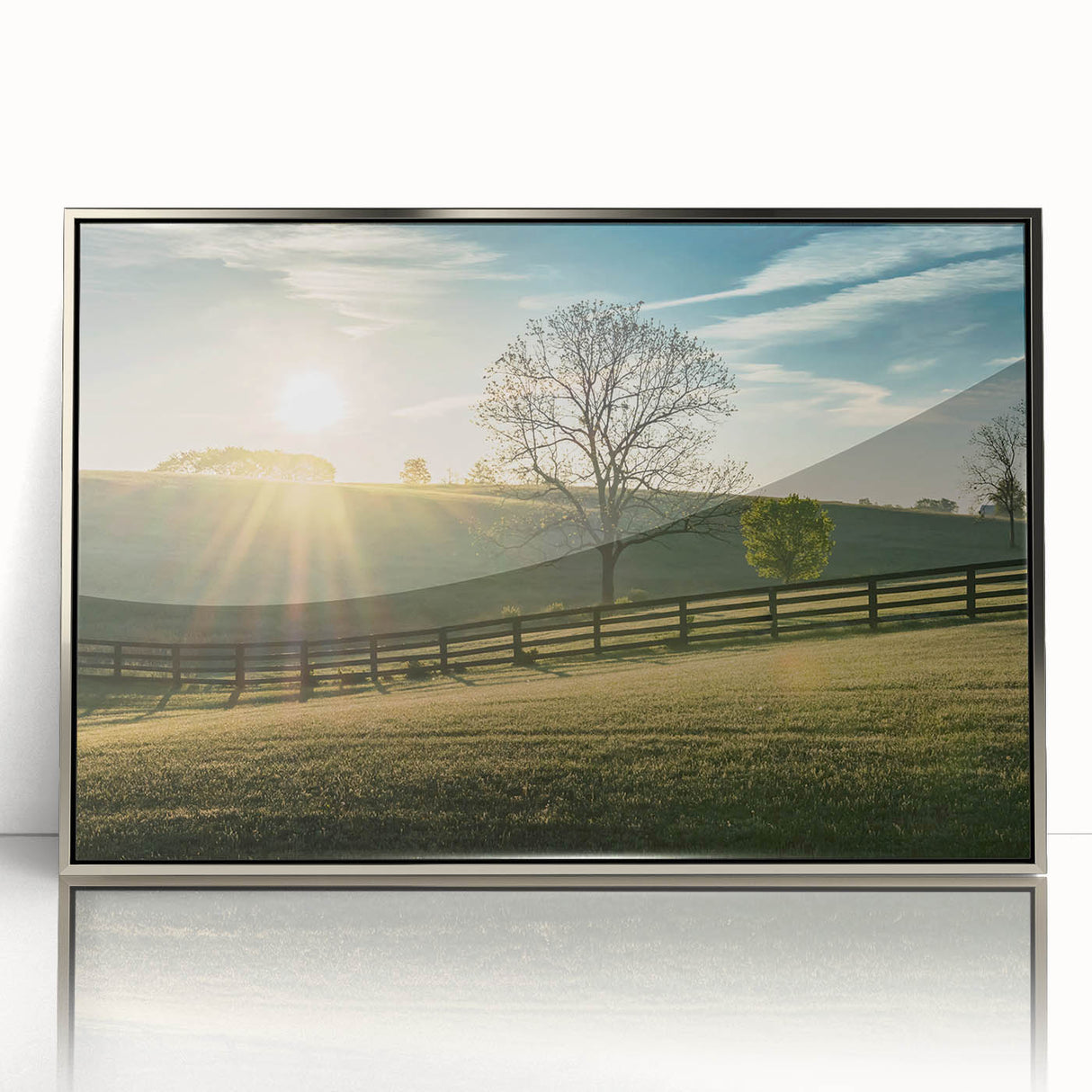 Mid-century modernist art depicting Kentucky scenery in muted earth tones on a silver-framed acrylic print.