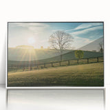 Art deco poster of Kentucky scenery in muted green and blue tones, framed in white acrylic, suitable for nursery wall art.