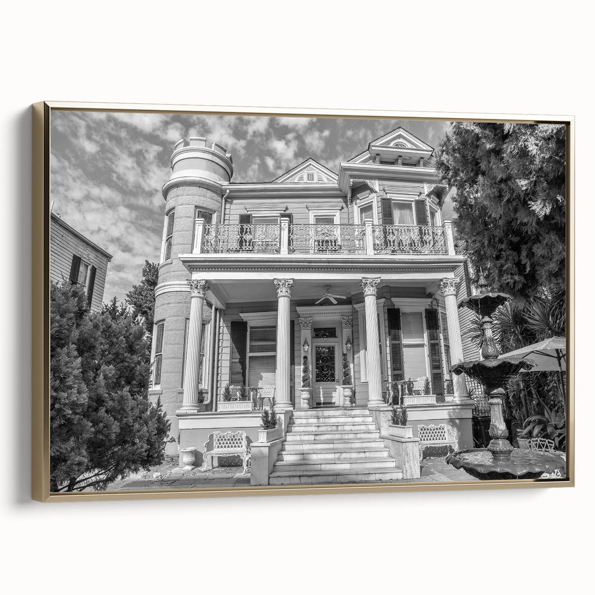 Framed canvas of a vintage-style New Orleans landscape in gold and black tones, ideal for bedroom wall art.