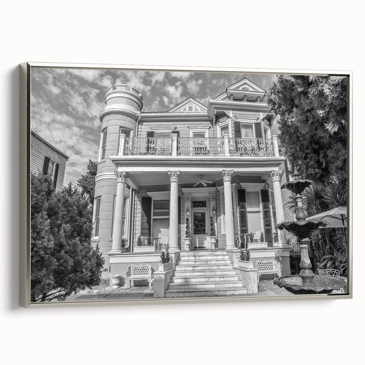 Framed canvas of a vintage-style New Orleans landscape in black with colorful accents, ideal for living room decor.