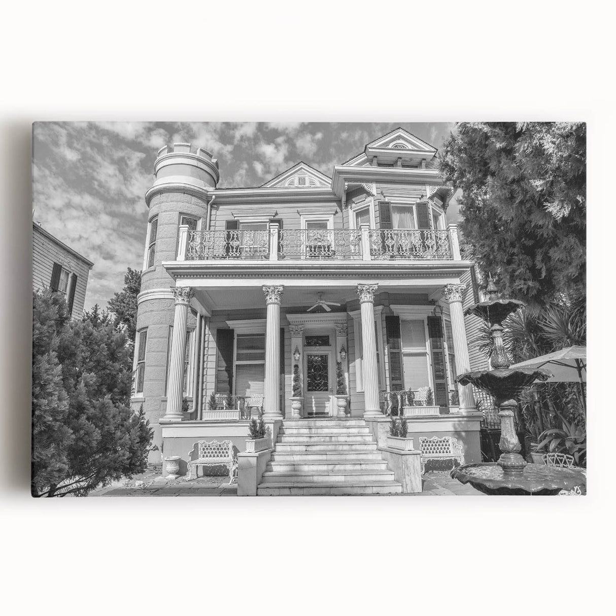 Black and white stretched canvas of New Orleans street scene, ideal for kitchen wall art.