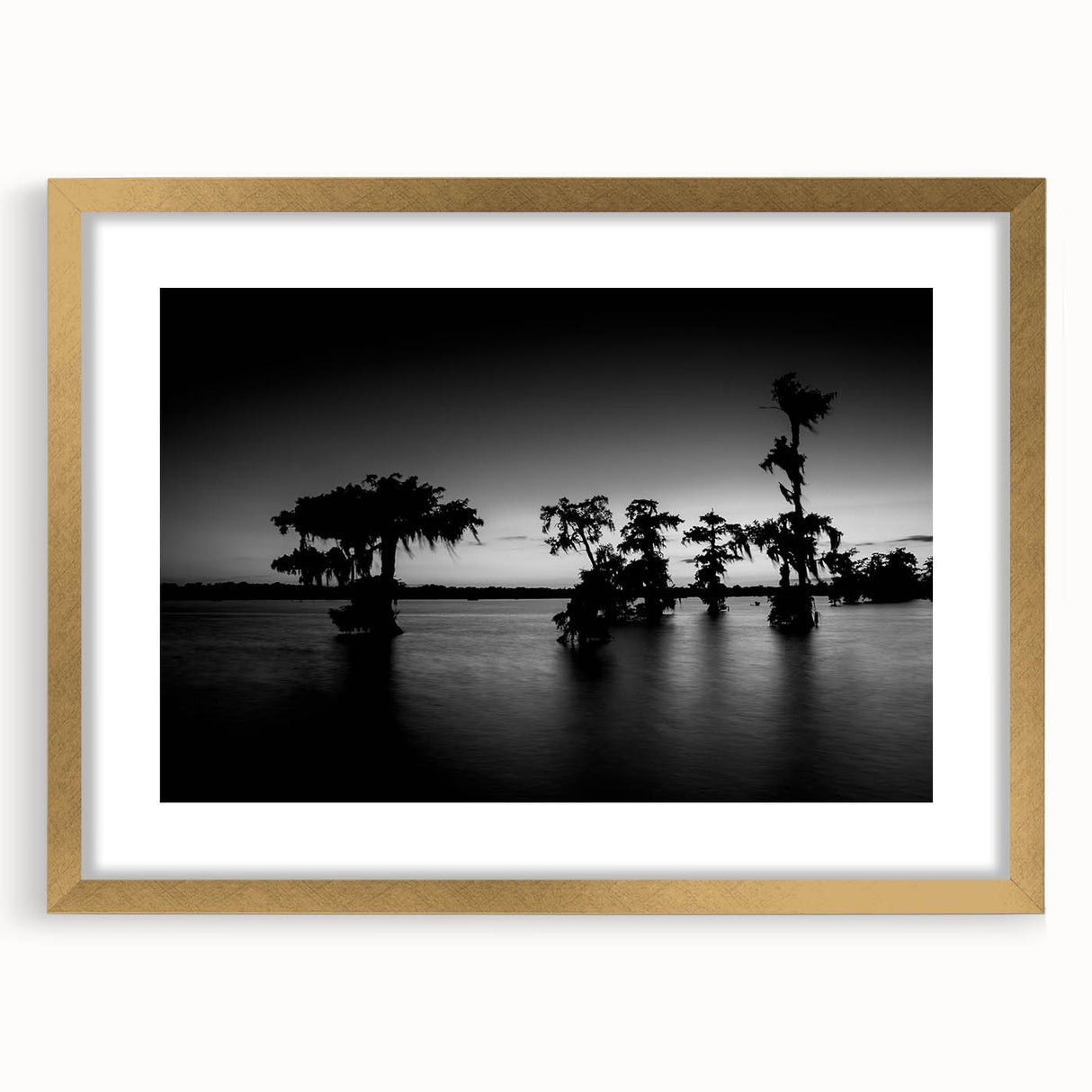 Extra large abstract art print of Louisiana scenery in gold frame, with textured design, suitable for living room decor.