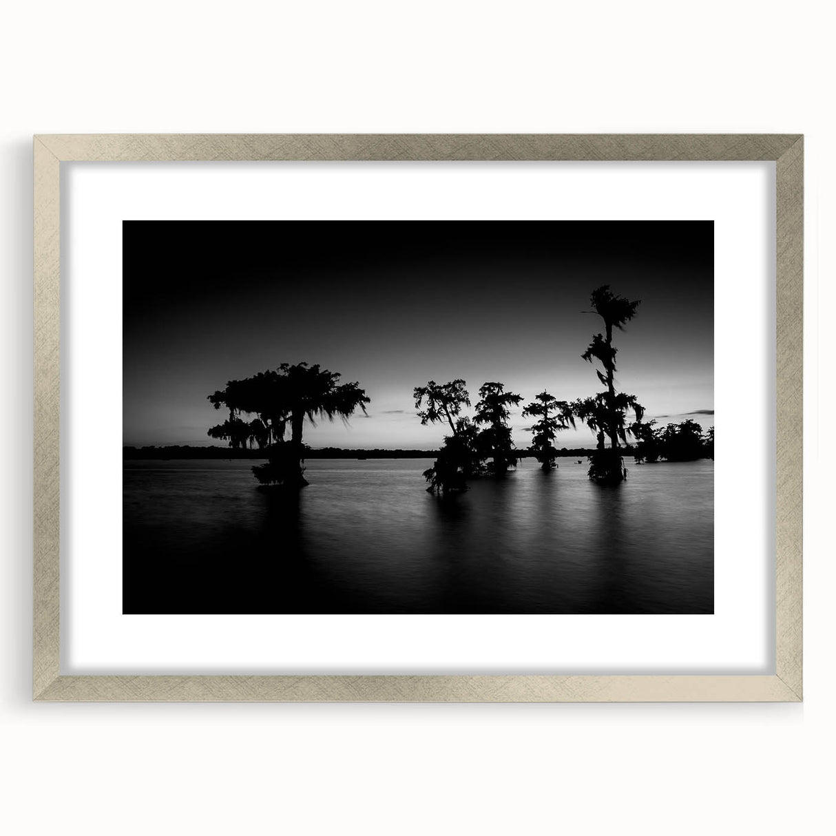 Textured abstract art print of a Louisiana landscape in muted earth tones on a framed canvas, suitable for bedroom decor.