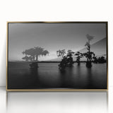 Large acrylic print of a Louisiana landscape in gold tones, framed, ideal for modern art wall decor.