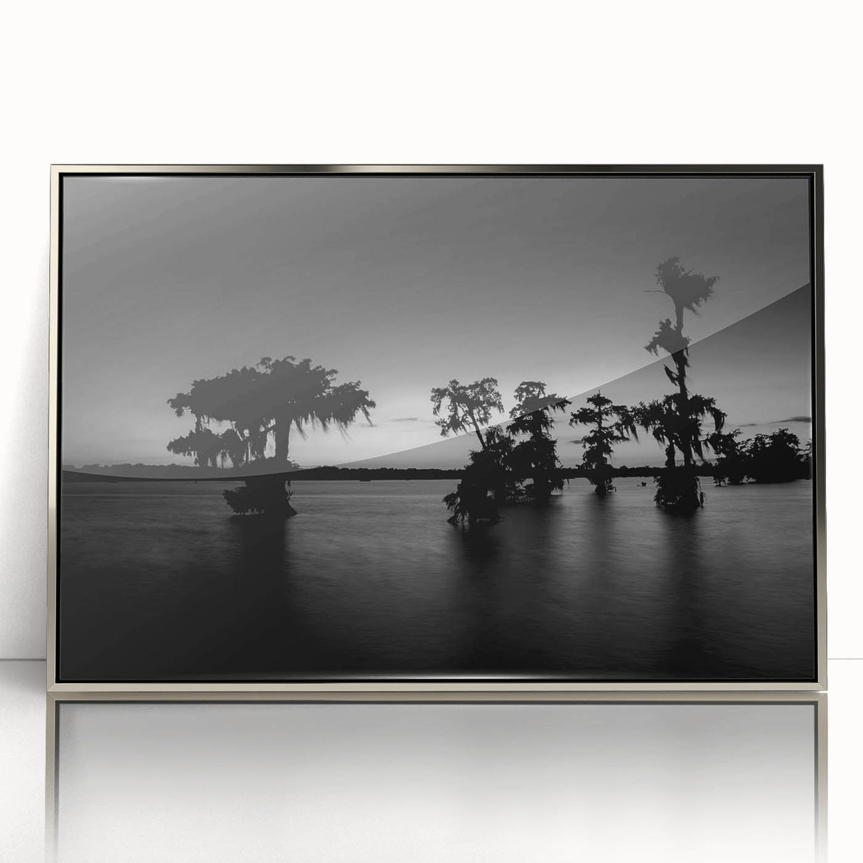 Mid-century modernist art depicting Louisiana scenery in silver framed acrylic, suitable for nursery wall decor.