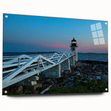 Acrylic print of a serene Maine landscape in soft blue and green tones, ideal for dining room decor.