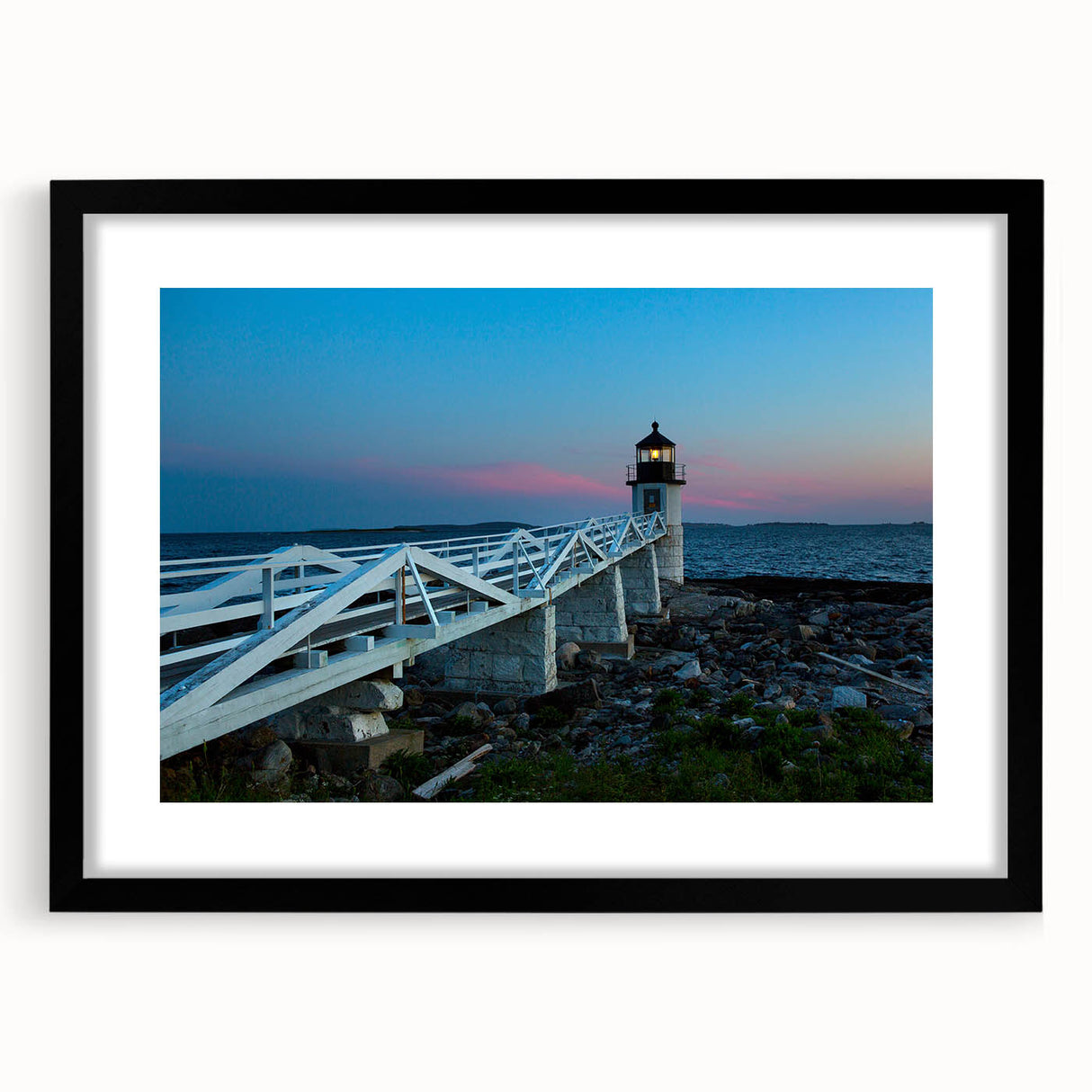 Extra large abstract art print of a colorful Maine landscape, textured appearance, in a black frame with mat.