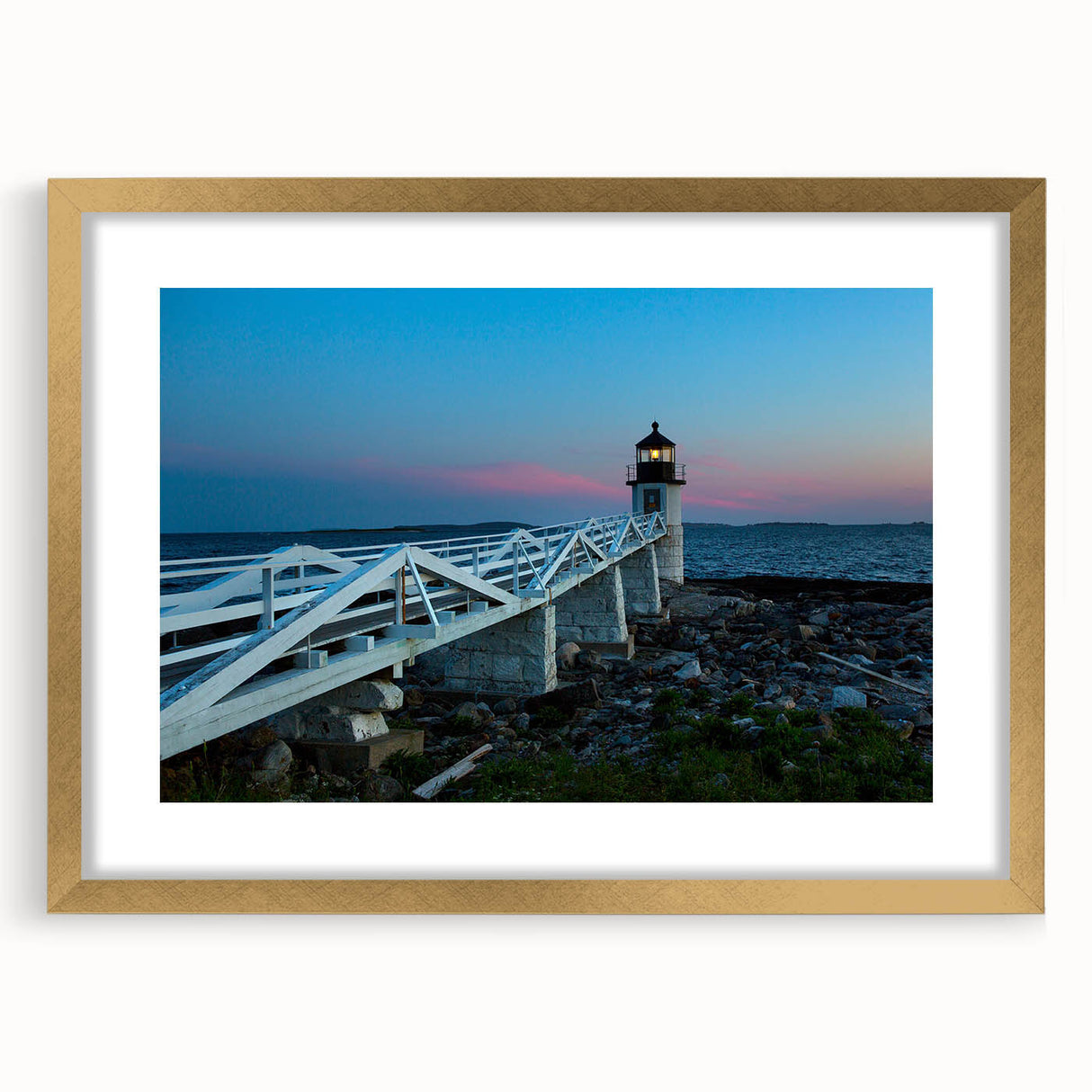 Extra large abstract art print of a textured Maine scenery in muted earth tones, framed in gold, ideal for living room decor.