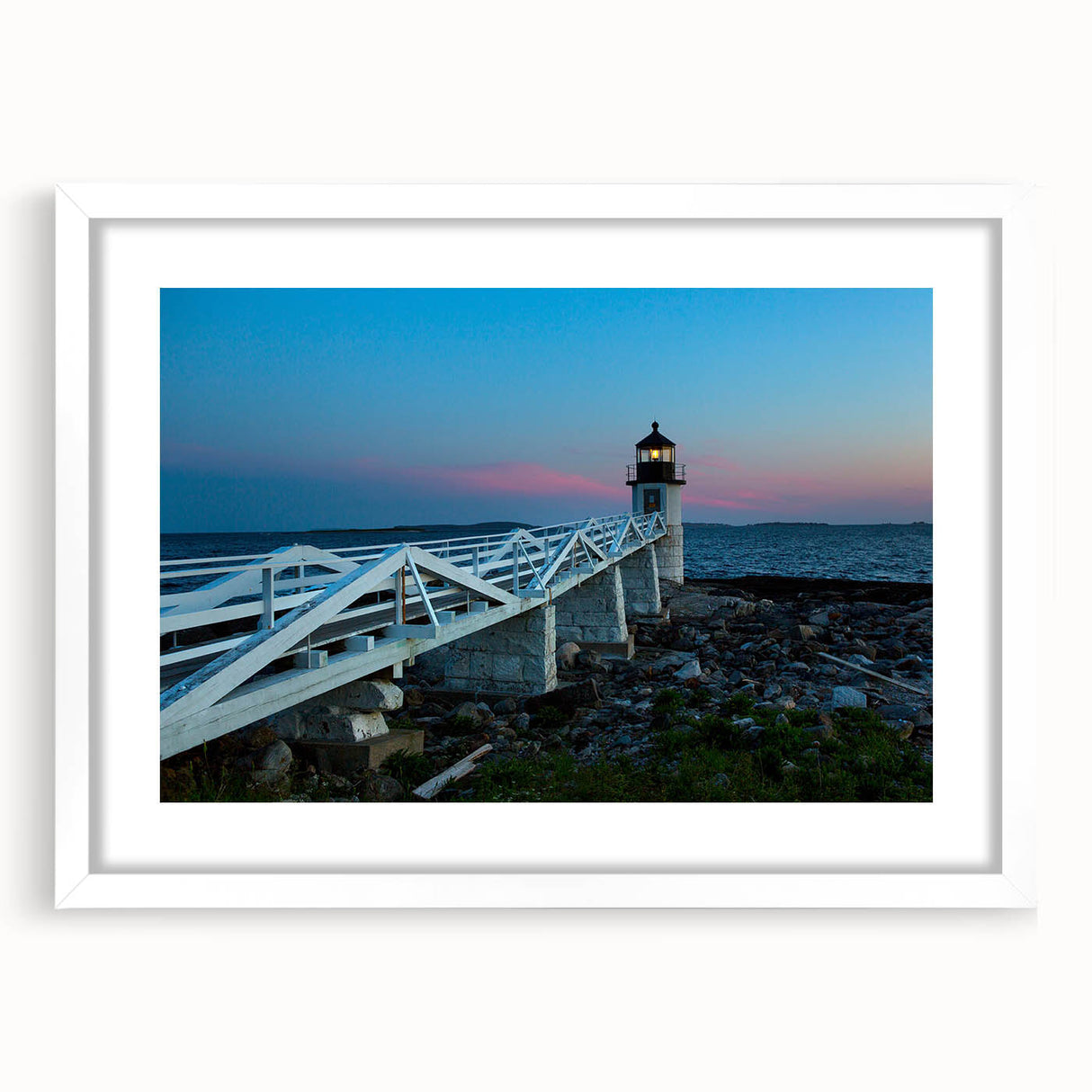 Abstract art print of Maine scenery in muted blue and green tones on a white-framed canvas, ideal for dining room decor.