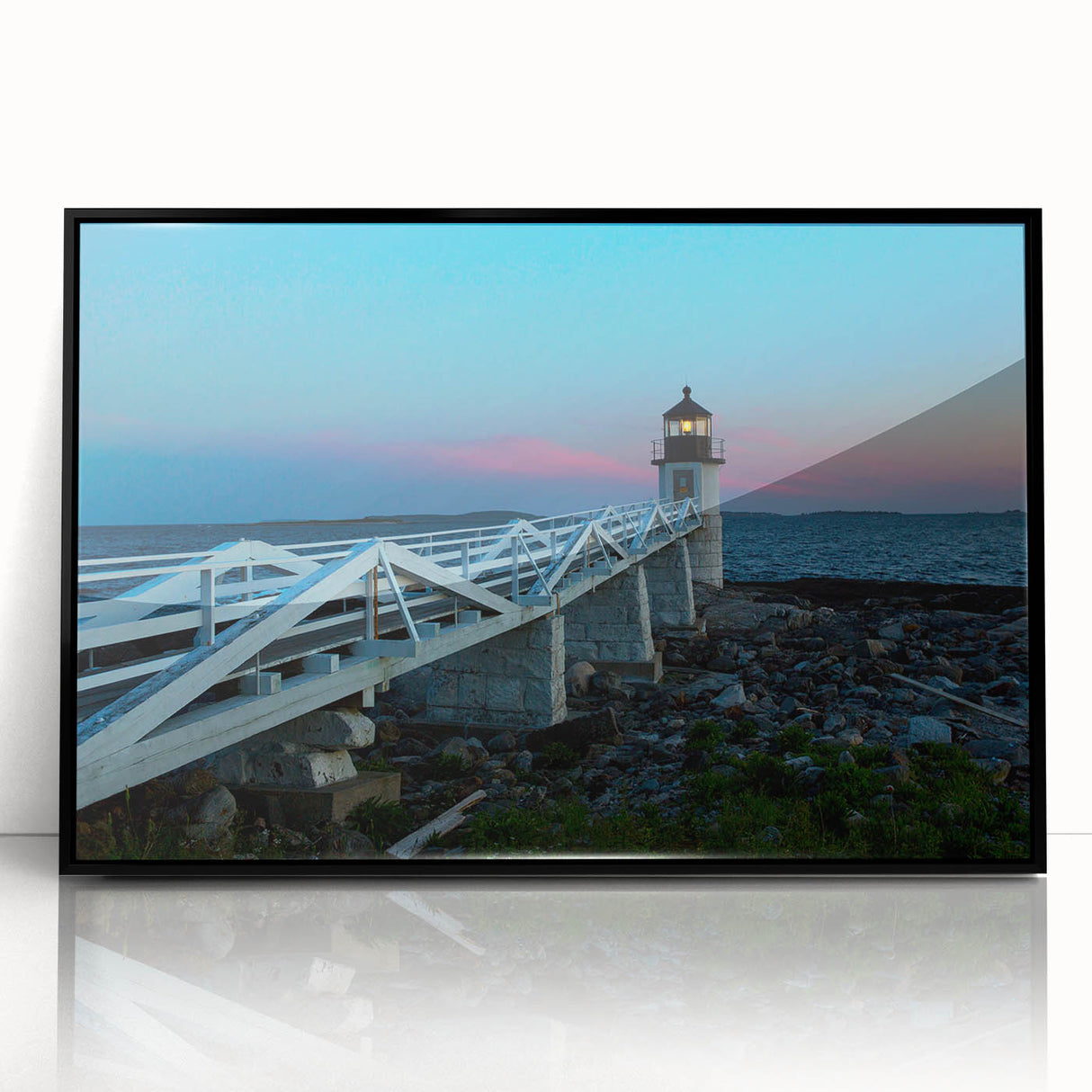 Large abstract wall art depicting a serene Maine landscape in muted earth tones, framed in black acrylic.