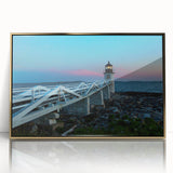 Large art print of a serene Maine landscape in muted green and blue tones, framed in gold acrylic.