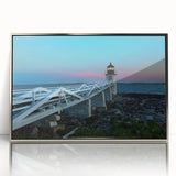 Mid-century modernist acrylic print of a Maine landscape in muted earth tones, framed in silver.