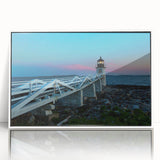 Acrylic print of a serene Maine landscape in muted colors, framed in white, ideal for modern art wall decor.