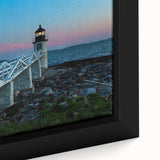 Close-up of a textured black wall art depicting a colorful Maine scenery on a framed canvas, ideal for living room decor.