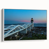 Vintage poster art of Maine scenery on a large framed canvas, featuring vivid colors on a black background.
