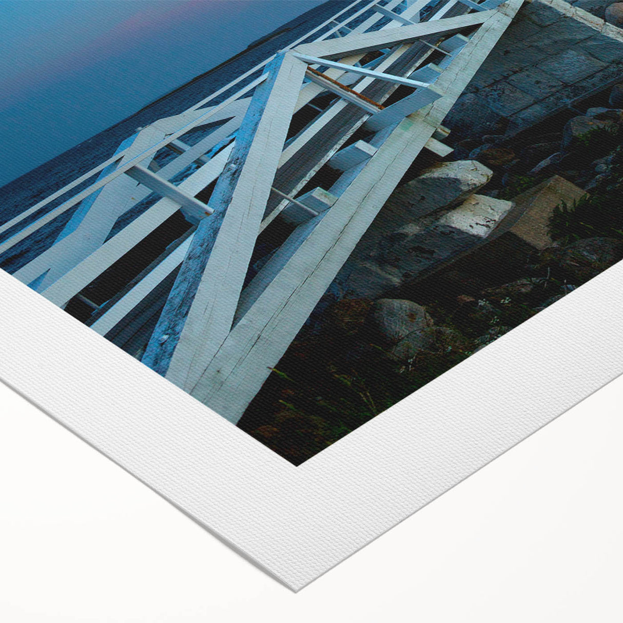 Art deco poster featuring a serene Maine landscape in muted green and blue tones on rolled canvas.