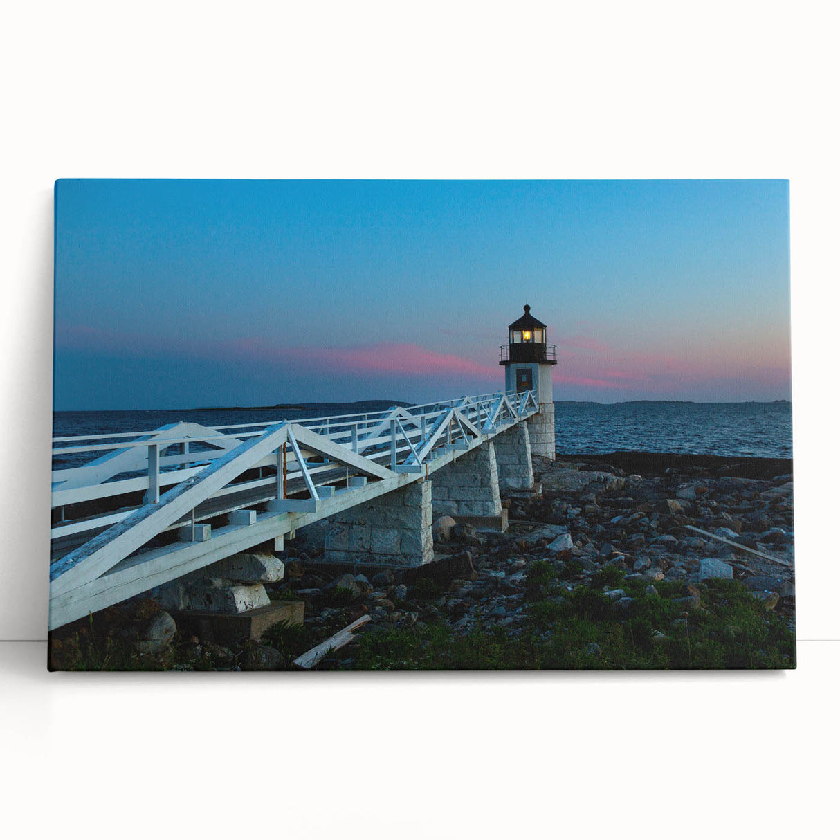 Black and white photo of Maine scenery on stretched canvas, ideal for kitchen wall art or bedroom.