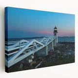 Scenic Maine coastline depicted in muted blues and grays on a large stretched canvas, ideal for kitchen wall art.