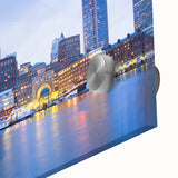 Large abstract depiction of Boston skyline in muted blues and grays on acrylic glass, ideal for dining room art.