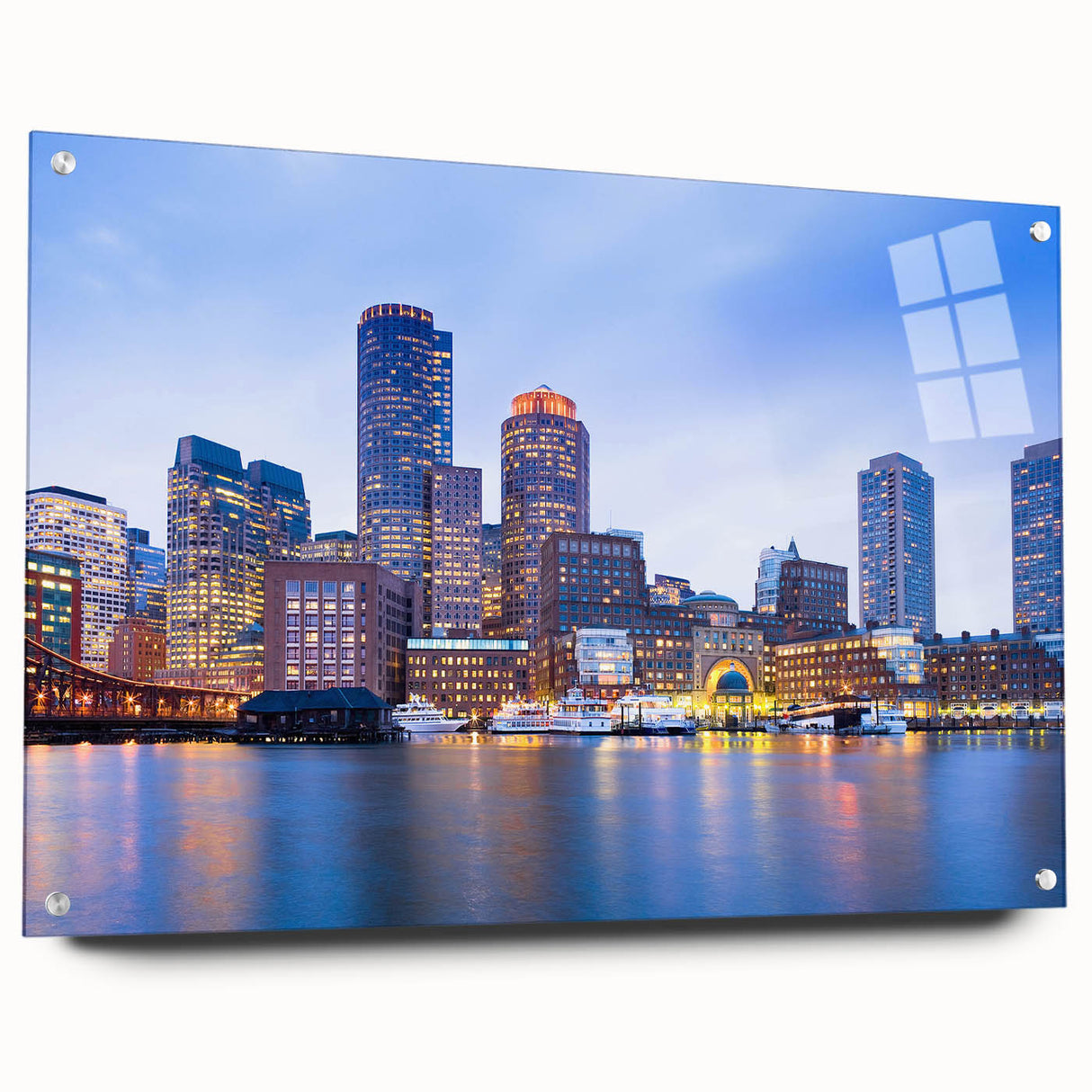 Acrylic print of a large abstract depiction of Boston in muted blue and gray tones, ideal for dining room decor.