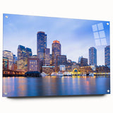 Acrylic print of a large abstract depiction of Boston in muted blue and gray tones, ideal for dining room decor.
