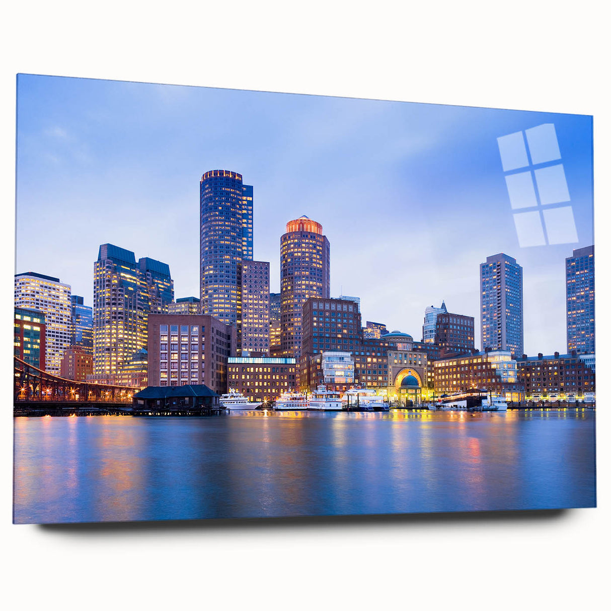 Acrylic print of a large abstract depiction of Boston's skyline in muted blues and grays.