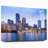 Acrylic print of a large abstract depiction of Boston's skyline in muted blues and grays.