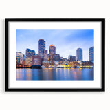 Extra large abstract art print of colorful, textured Boston skyline, in a black frame, ideal for living room decor.