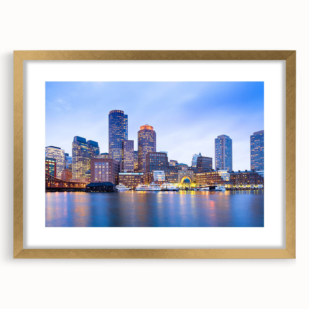 Extra large abstract art print of Boston skyline in textured gold frame, ideal for living room decor.