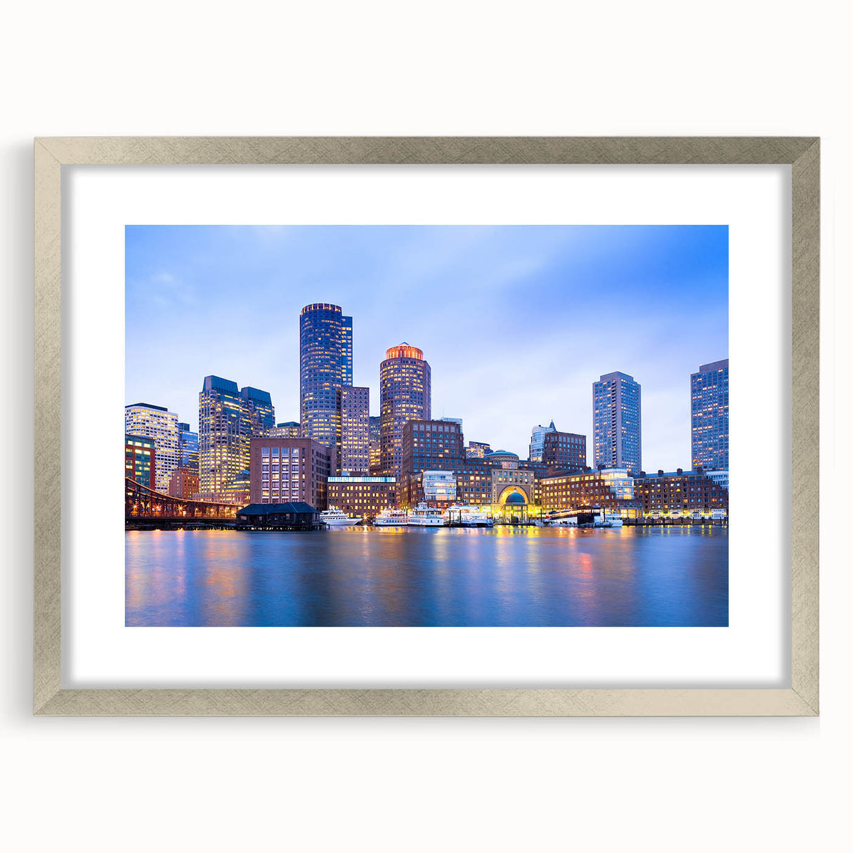 Textured abstract art print of Boston skyline in muted gray and blue shades, framed in silver, ideal for bedroom wall decor.