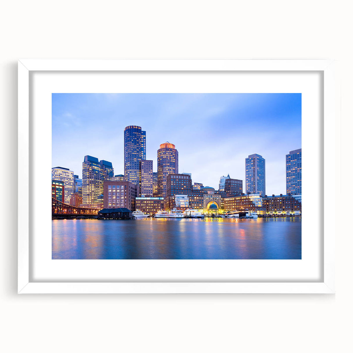 Abstract art print of Boston skyline in muted blue and gray tones on a framed white mat.