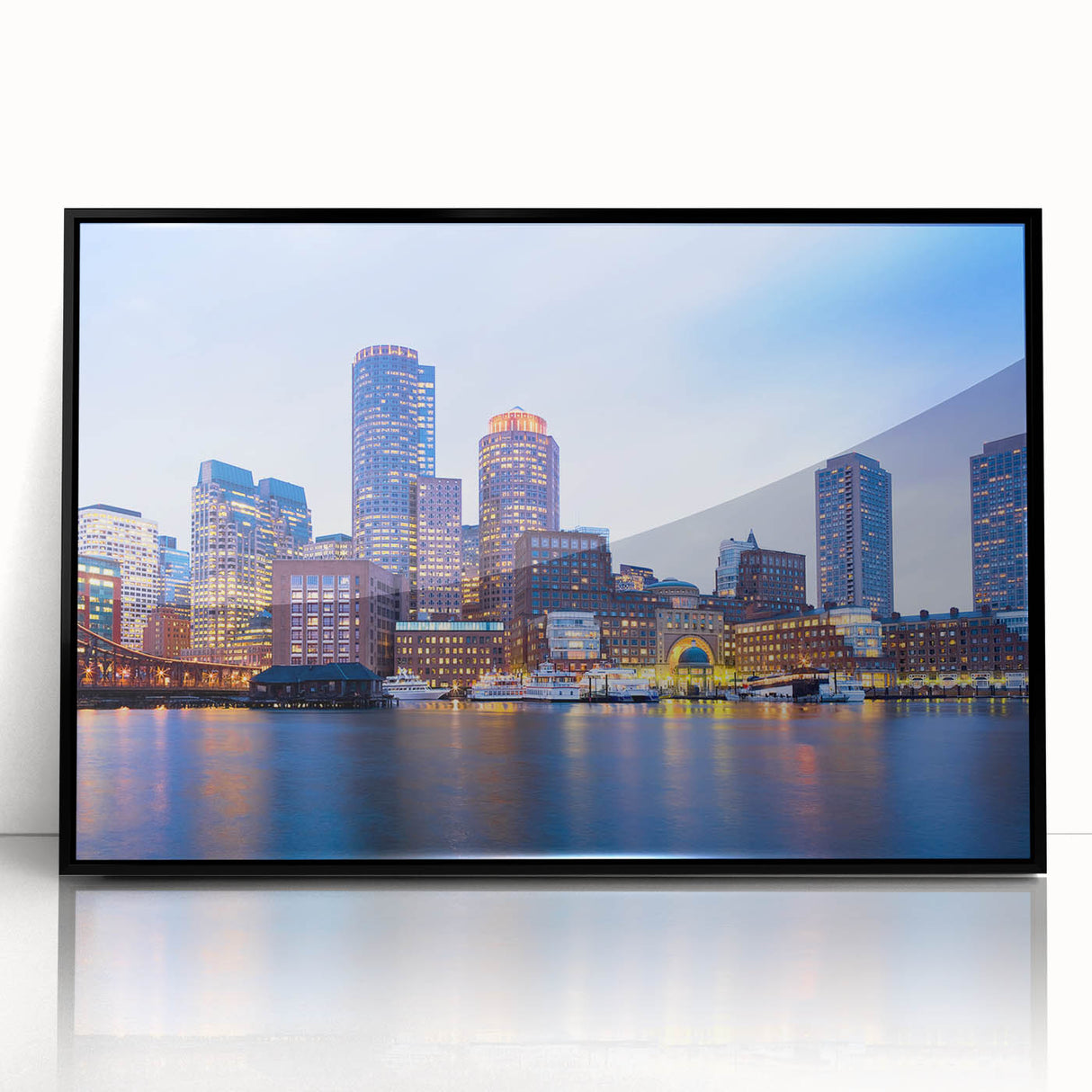 Large abstract wall art depicting Boston skyline in muted blue and gray tones on a framed acrylic.