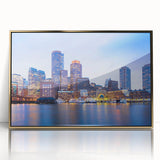 Acrylic print of Boston skyline in gold frame, featuring mid-century modernist style, ideal for modern art wall decor.