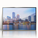 Mid-century modernist art of Boston skyline in muted gray and blue tones, framed acrylic print.