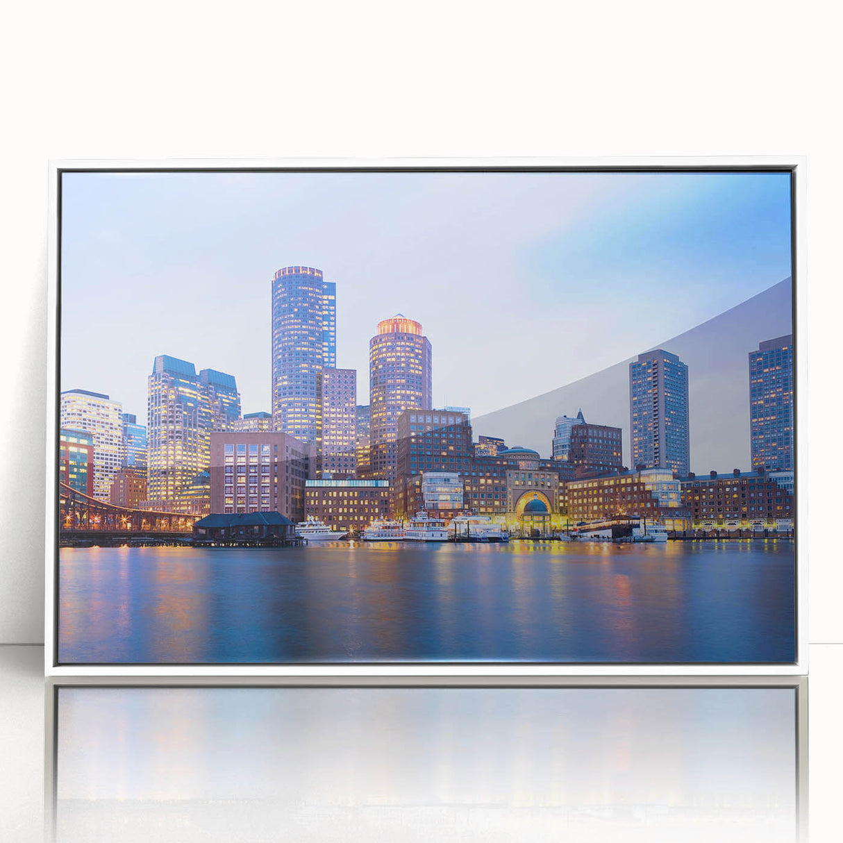 Acrylic print of Boston skyline in art deco style with muted blue and gray tones, ideal for modern nursery wall art.
