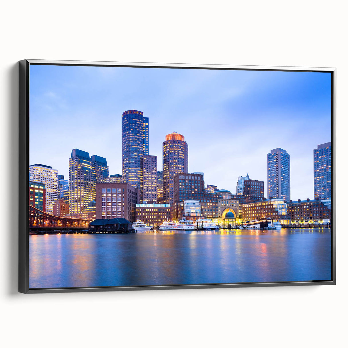Framed canvas featuring a black and white vintage poster of the Boston landscape, ideal for bedroom decor.
