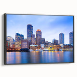 Framed canvas featuring a black and white vintage poster of the Boston landscape, ideal for bedroom decor.